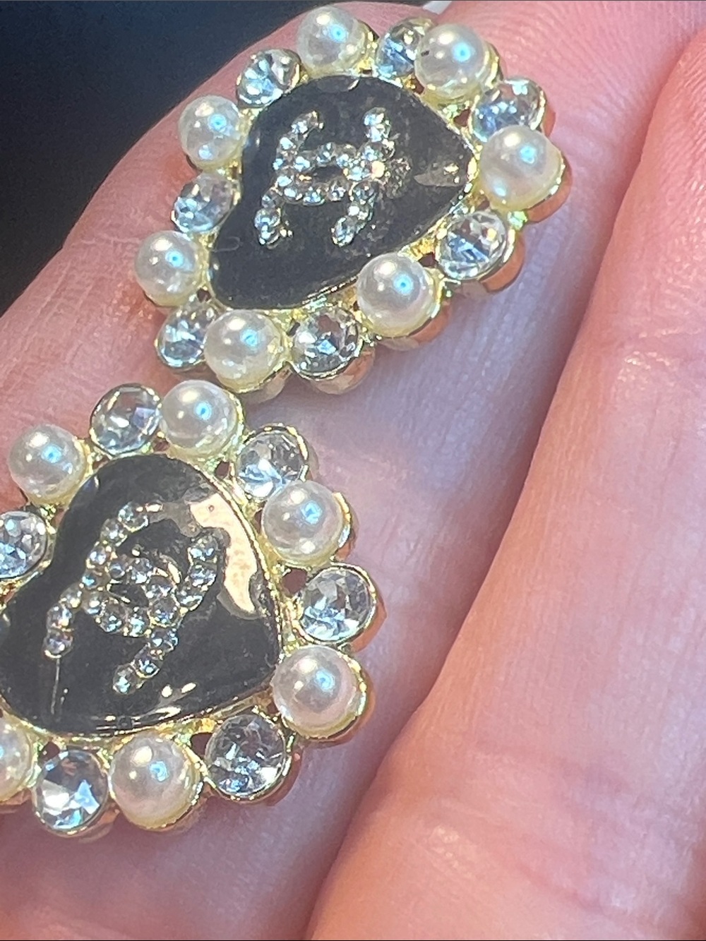 Gold-Tone Heart Earrings with Black Enamel, Pearls & Crystals - Picture 4 of 7